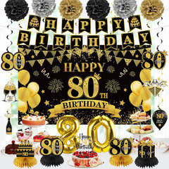 42PCS 80Th Birthday Decoration Kit for Men Women, Black Gold Happy 80Th Bday Ban