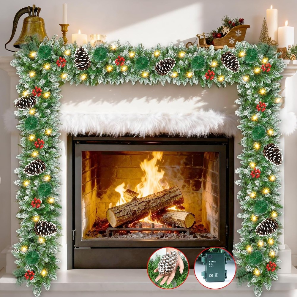 Christmas Garland, 9Ft Christmas Garland with Lights & Timer, 50LED Waterproof
