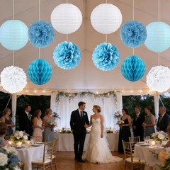 12 PCS Dusty Blue White Party Decoration Hanging Paper Flower Lanterns Pom Pom
