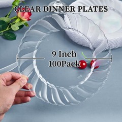 FOCUSLINE 100 Count Clear Plastic Plates 9 Inch, Disposable Heavy Duty Dinner…