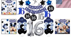 Stylish Happy Birthday Decorations with Silver Number 16 in Dark Blue Theme