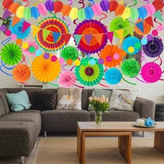 33Pcs Fiesta Decorations Cinco De Mayo Decorations Multi-Color Fans Garlands …