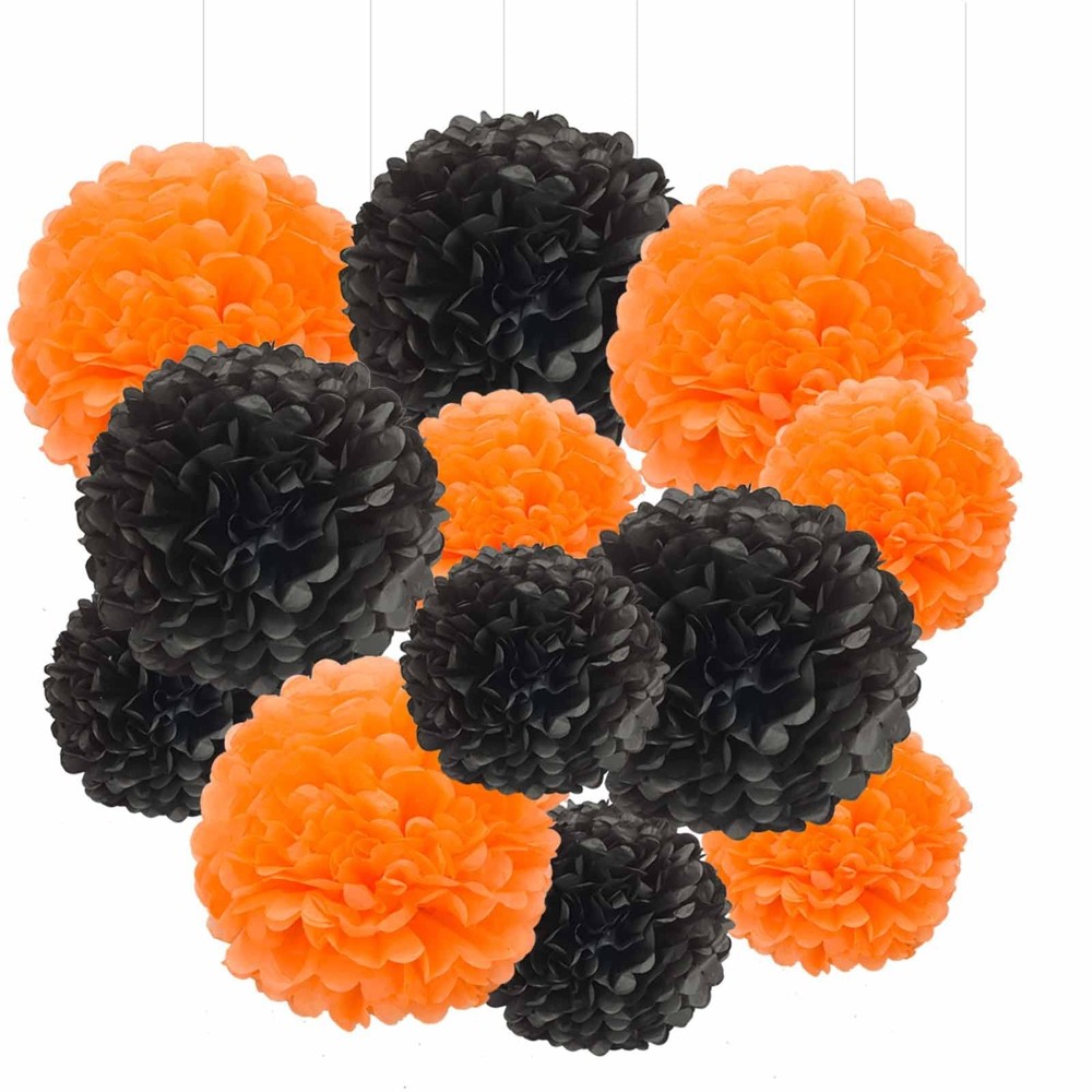12 PCS Black Orange Tissue Paper Pom Poms Hanging Flower Decor 12in 10in Kit