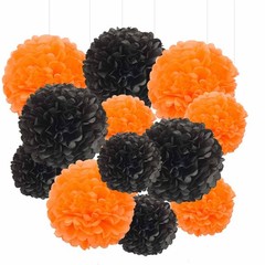 12 PCS Black Orange Tissue Paper Pom Poms Hanging Flower Decor 12in 10in Kit
