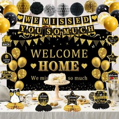 34PCS Black Gold Welcome Home Party Decor Set – Banner, Swirls, Pompoms & More!