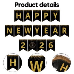 Happy New Year Banner,New Years Eve Party Supplies 2026, No DIY, Black Gold