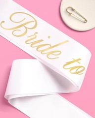Bride & Groom Sash Duo 2 PCS White/Black Satin Gold Foil Engagement Decor