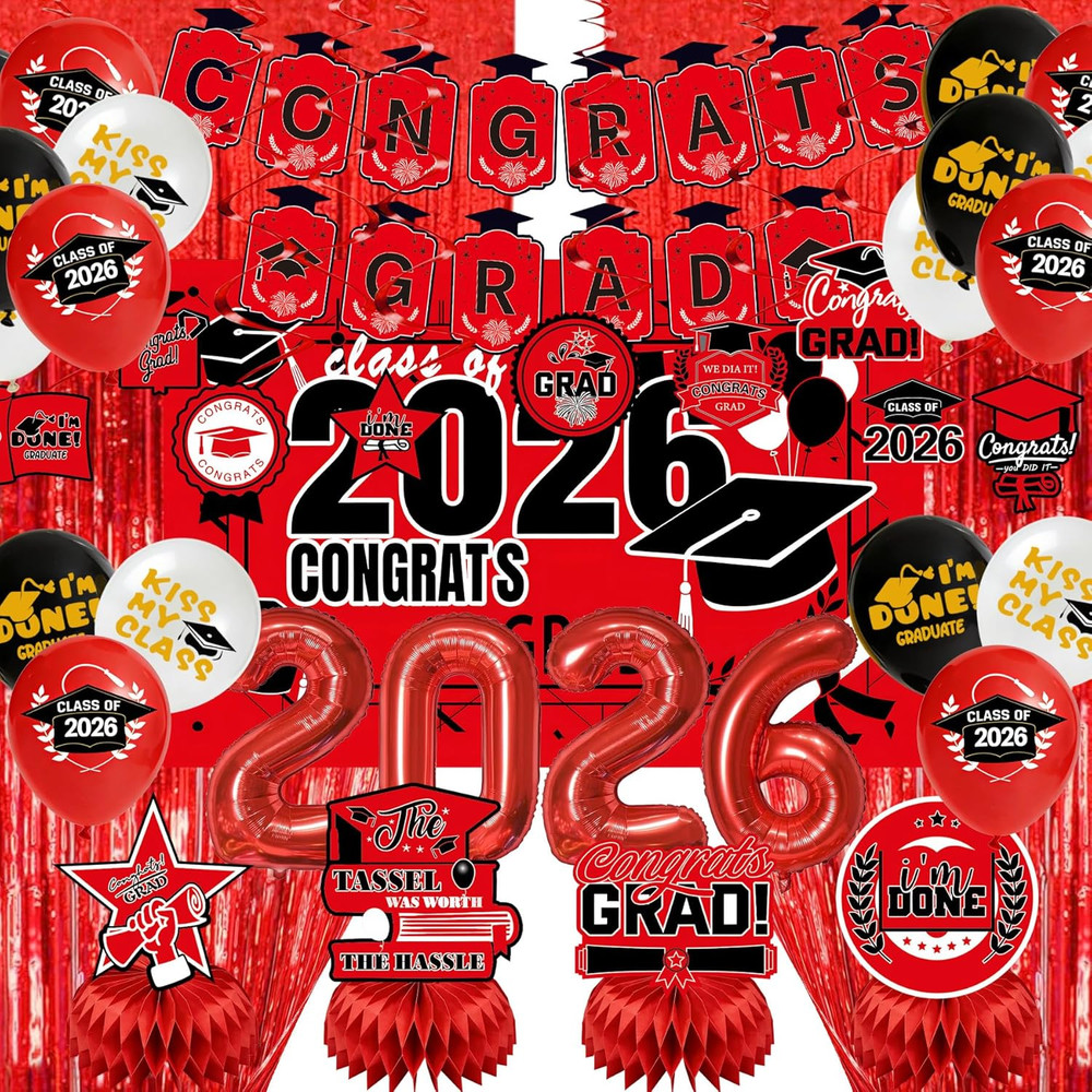 Graduation Party Decorations 2026–Black Red Grad Banner, Class of Backdrop, Ball