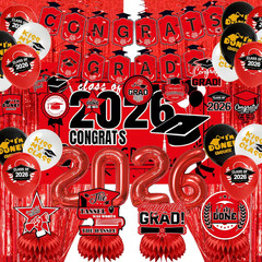 Graduation Party Decorations 2026–Black Red Grad Banner, Class of Backdrop, Ball