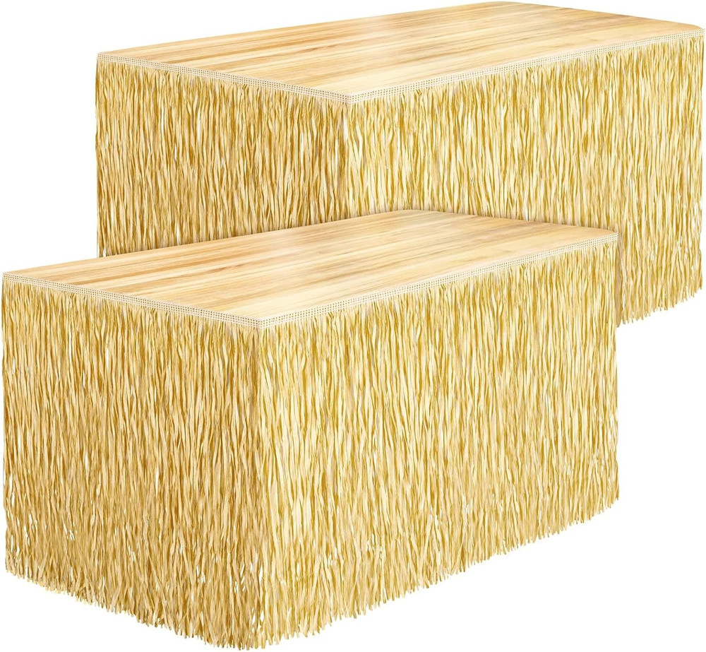 2 Packs Luau Grass Table Skirt Fringe Straw Grass Skirt 108 x 30 Inch