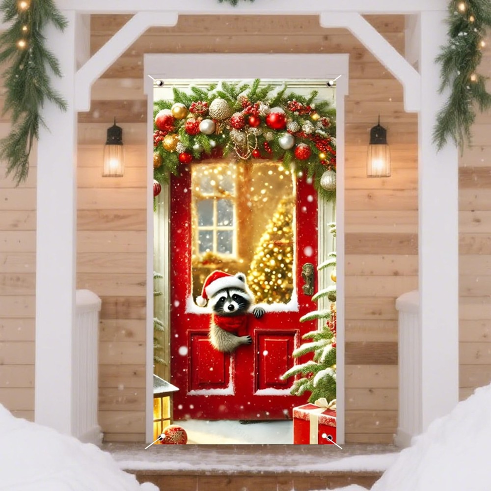 Christmas Door Cover Banners for Front Door Decorations Festive Raccoon Winte…