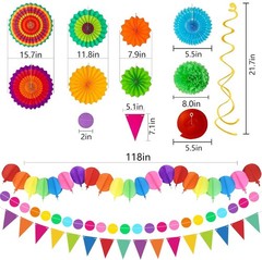 Party Decorations Set, Multi-Color Paper Fans Garland Pom Poms Swirls, Fiesta