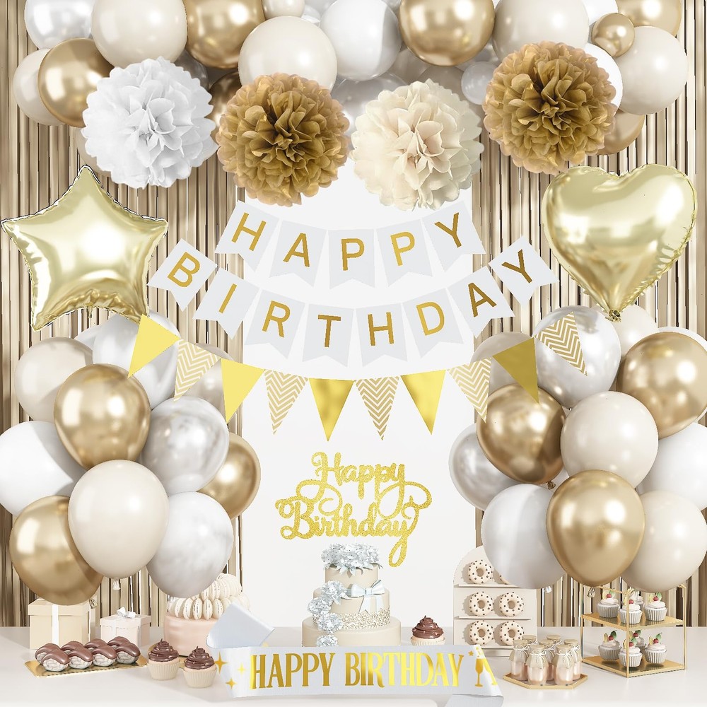 White Gold Birthday Decorations, Beige Gold Party Décor with Foil & Latex Bal…