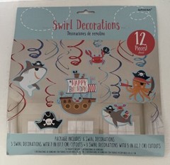12 pc Swirl hanging party decorations pirate ship sharks crabs hat birthday