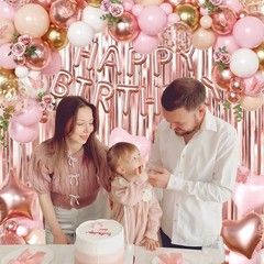 Decoraciones de cumpleaños en oro rosa, pancartas feliz cumpleaños, suministros