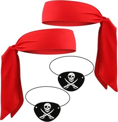 Comfortable Halloween Pirate Costume Set – 2 Red Headbands & 2 Black Eye Patches