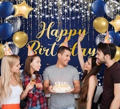 Happy Birthday Backdrop for Men Boys Navy and Gold Happy Birthday 7x5ft Blue