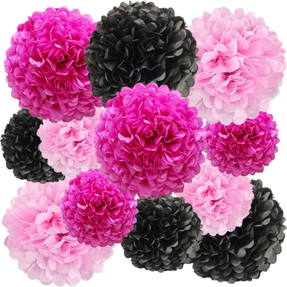 12 PCS Pink Black Paper Pom Poms Hanging Tissue Flowers Party Ceiling Decor