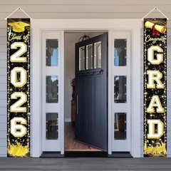 Black Gold Graduation Decorations Class of 2026 Congrats GRAD Porch Sign Banner