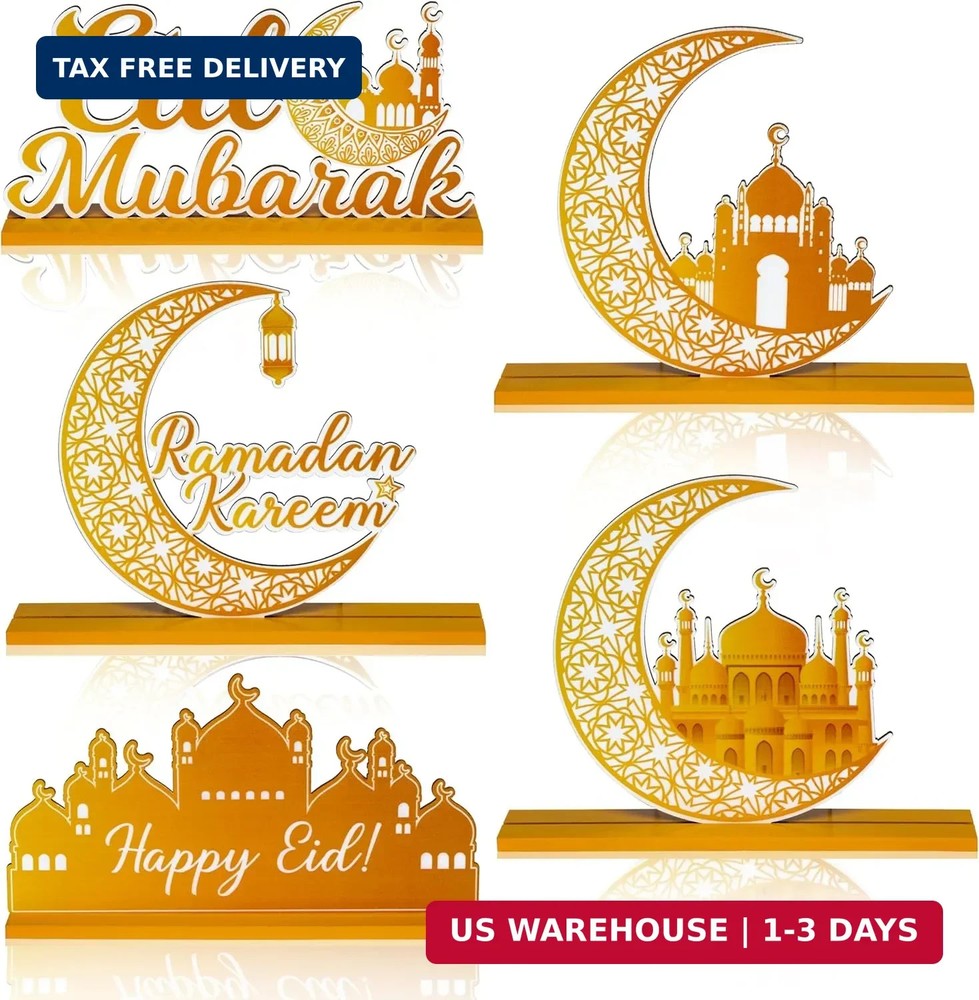 WATINC 5pcs Ramadan Wooden Centerpieces Decorations, Eid Mubarak Table Topper De