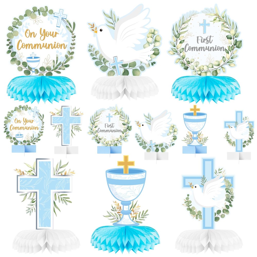 12 PCS Blue Baptism First Communion Party Honeycomb Centerpieces Religious Decor