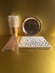 84 pc Rose Gold party decorations- Cups, Plates, Napkins, Table cloth & more