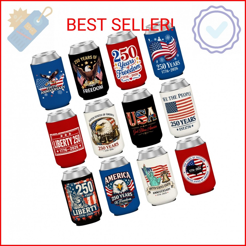 12Pcs USA 250th Anniversary Can Cooler Sleeves Neoprene Insulated Beverage Holde