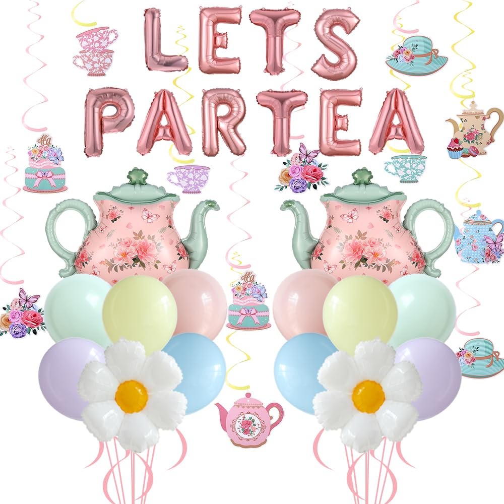 Tea Party Decorations 26Pcs Macaron Balloons with LETS PARTEA Foil Balloon Ba…