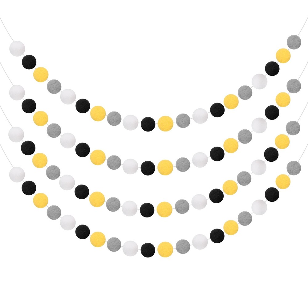 4pcs Pom Pom Garland 6.6 ft 30 Balls for Craft Decor(Black, White, Grey, Yellow)