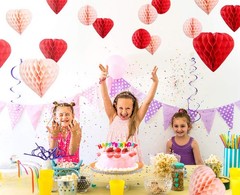 16 PCS Valentines Day Decorations Pom Poms Heart Tissue Honeycomb Pink Red