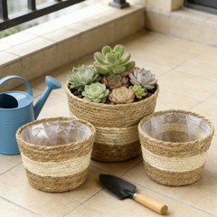 3 Piece Lined Wicker Plant Basket Set 18 22 25 cm Natural Seagrass Decor