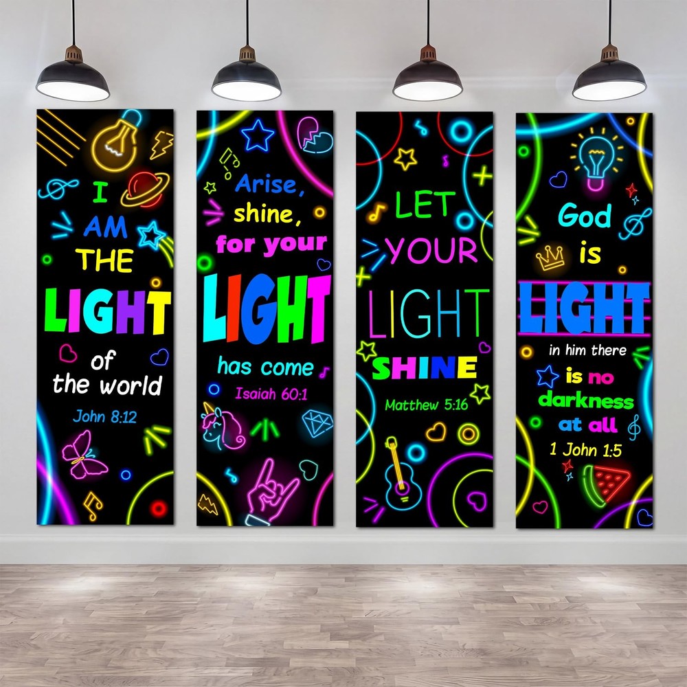 4 Pack VBS Bible Verse Banner Set Welcome to Decor 24×73 Inch Neon Light Chri…
