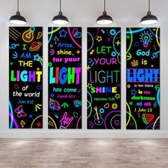 4 Pack VBS Bible Verse Banner Set Welcome to Decor 24×73 Inch Neon Light Chri…