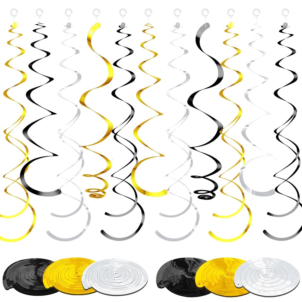 36 Pcs Party Hanging Swirl Decorations Black Gold Silver for Ceiling