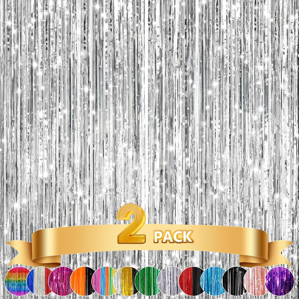 2Pack Silver Metallic Tinsel Foil Fringe Curtains, Door Streamer Photo Booth Bac