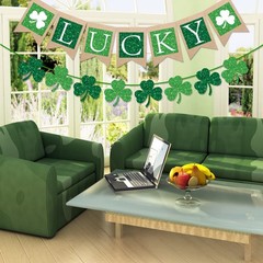 St. Patrick’s Day Banner Glitter Lucky Burlap Banner Green Shamrock Paper Banner