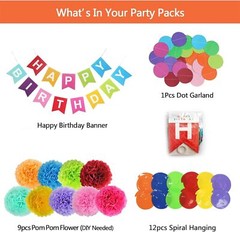 Happy Birthday Decorations Pack of 20, Pom Pom Tissue Swirl Garland Banner