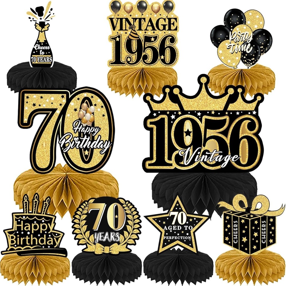 9 Pcs 70th Birthday Decoration for Men Women Happy 70th Birthday Honeycomb Cente