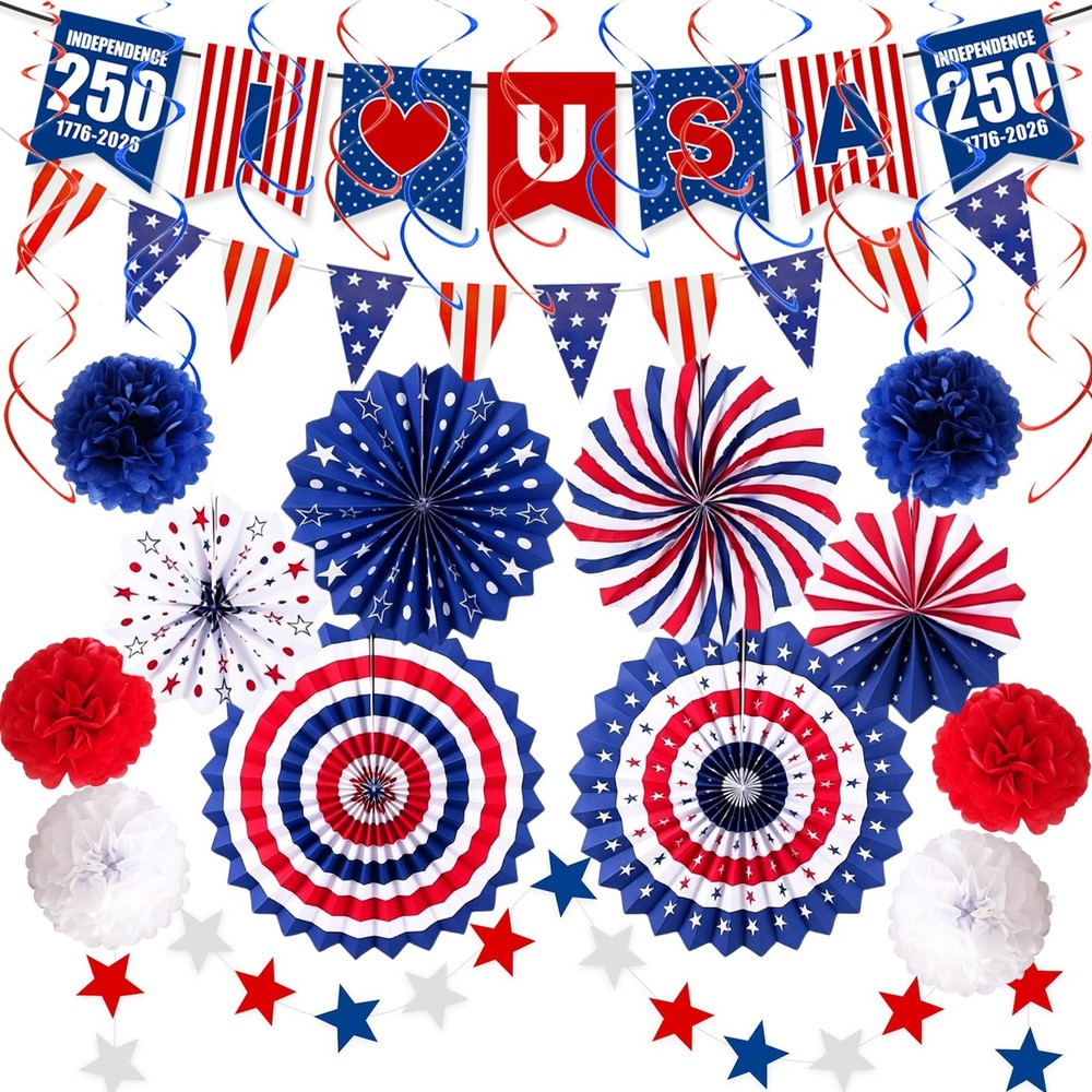 37PCS Patriotic Party Decorations Paper Fans Banner Swirls USA Hanging Set