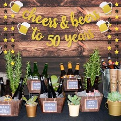 Cheers & Beers to 50 Years Gold Glitter Banner – 50th 3 Piece Set,