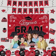 Graduation Decorations 2026 Red Congrats Grad Banner Backdrop Balloons Set