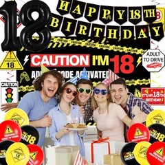 18th Birthday Decorations for Boys Girls, Caution Logos 18th Black Red Yellow