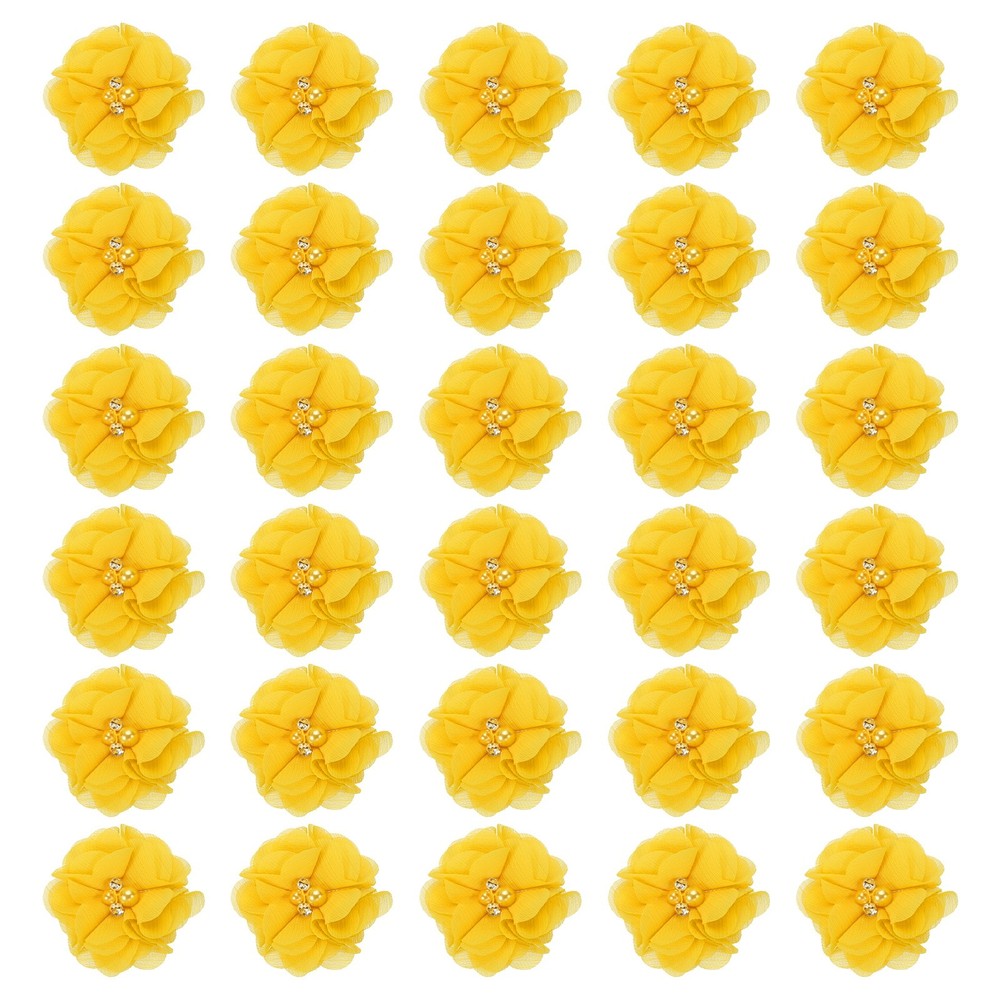 30Pcs 2″ Chiffon Flowers with Rhinestone Pearl Sewing Fabric Flowers, Yellow