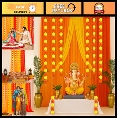 7x5ft Indian Pooja Backdrop Decoration, Diwali & Janmashtami Decor, 5 Marigold G