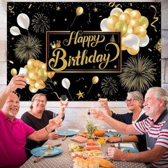 Chic Black & Gold Birthday Backdrop – Large 7x5ft Size for Celebratory Moments