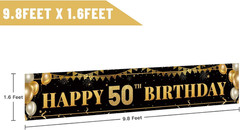 Large Happy 50Th Birthday Decoration Banner, Black and Gold Happy 50Th Birthday