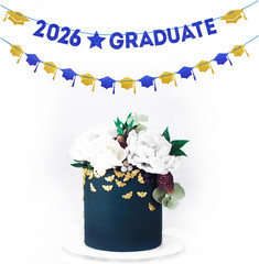 Navy-Blue White-Gold Party-Decoration Graduation Banner – 8Pcs Kits Cap Garland