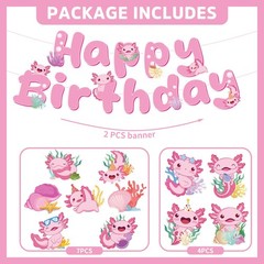 Axolotl Party Decorations – 12 PCs Pink Cute Cartoon Animals Happy Banner Cei…