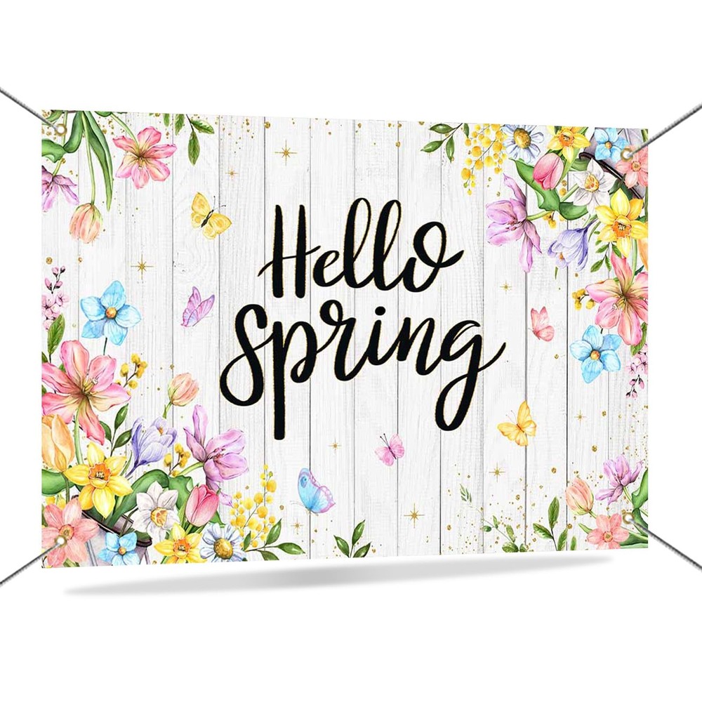 Hello Spring Banner Backdrop Wildflowers Rustic Wood Happy Spring Background Ban