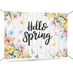 Hello Spring Banner Backdrop Wildflowers Rustic Wood Happy Spring Background Ban